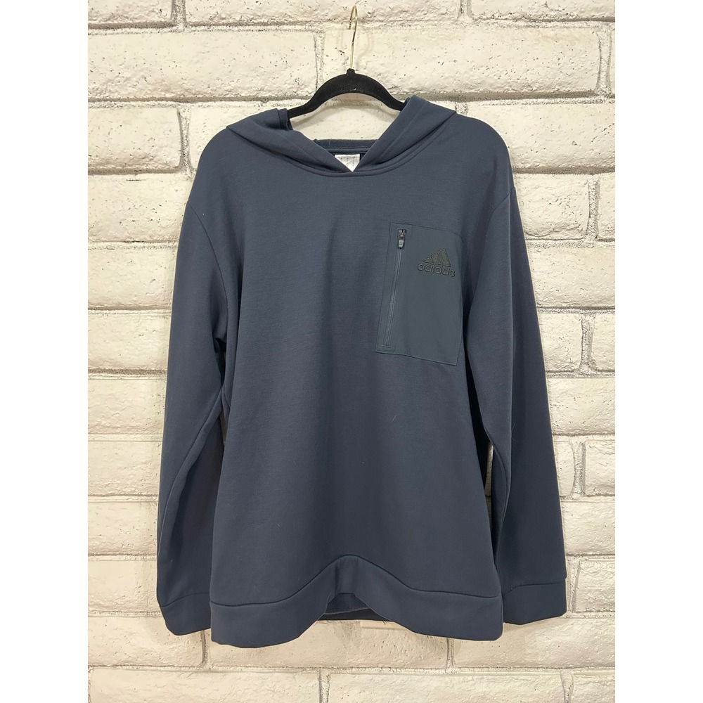 Adidas Mens Pullover Hoodie Navy Blue Chest Zip Pocket Logo Size Large